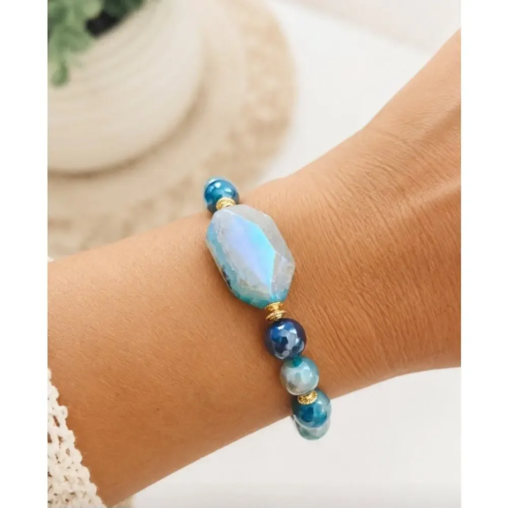 Blue Agate Stone Blue Gold Stretch Bracelet New